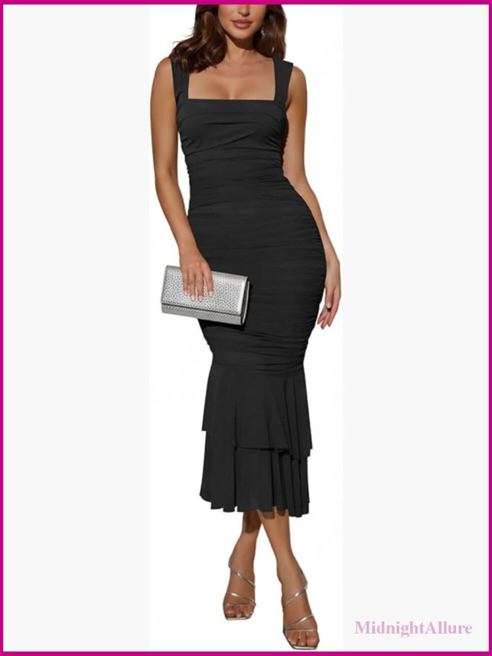 Sexy Square Neck Sleeveless Mesh Bodycon Maxi Dress Ruffle Mermaid Wedding